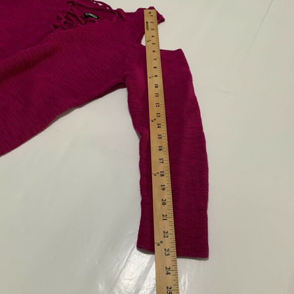 Express Sweater Top Medium Womens Pink Cold Shoulder Long Sleeve V Neck Knit - Picture 6 of 11